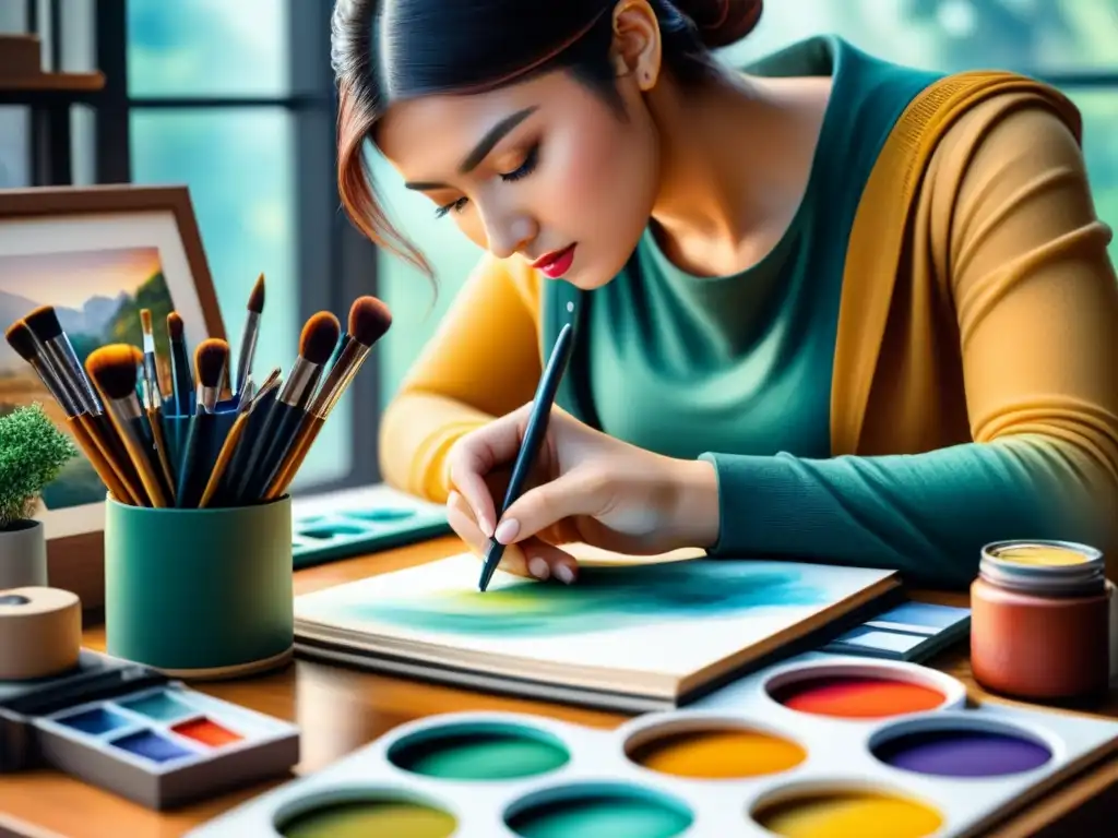 Estudiante organizando obras en portafolio con suministros artísticos