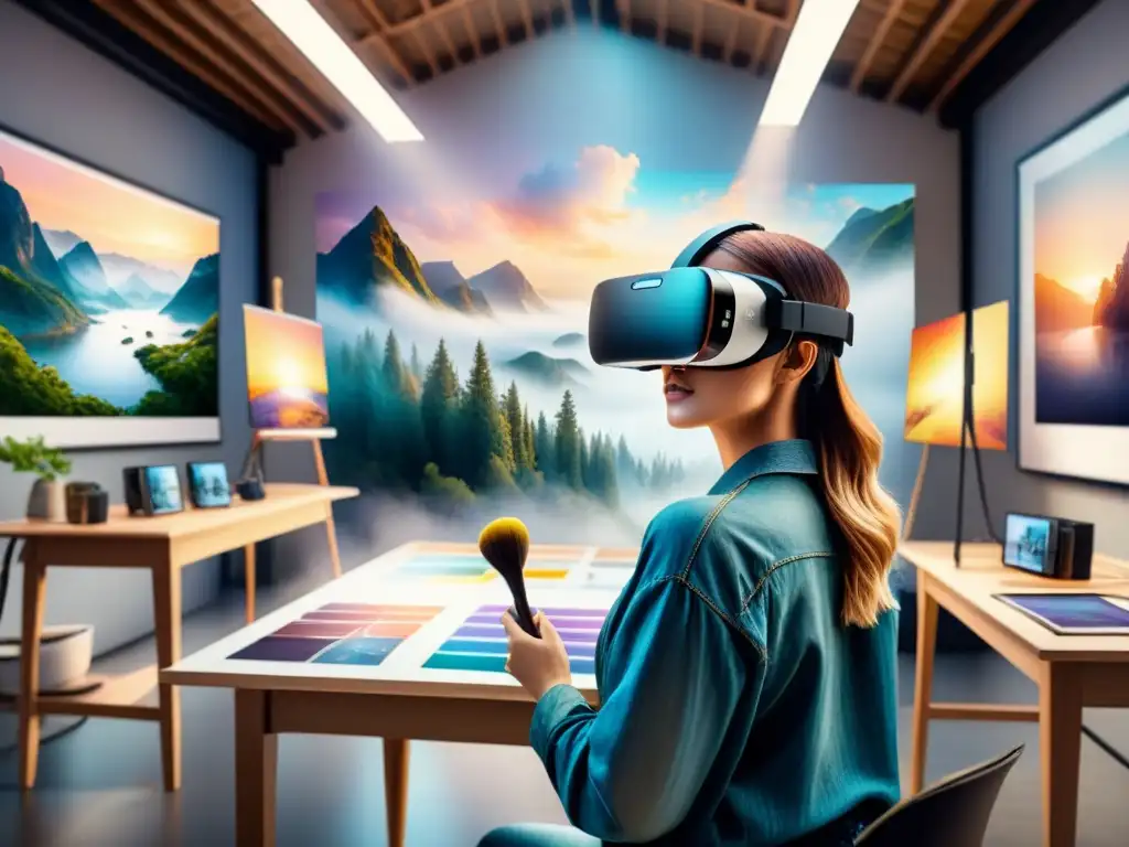 Estudiantes crean arte en aula virtual con pinceles digitales y colores vibrantes, destacando la innovación en aprendizaje arte realidad virtual