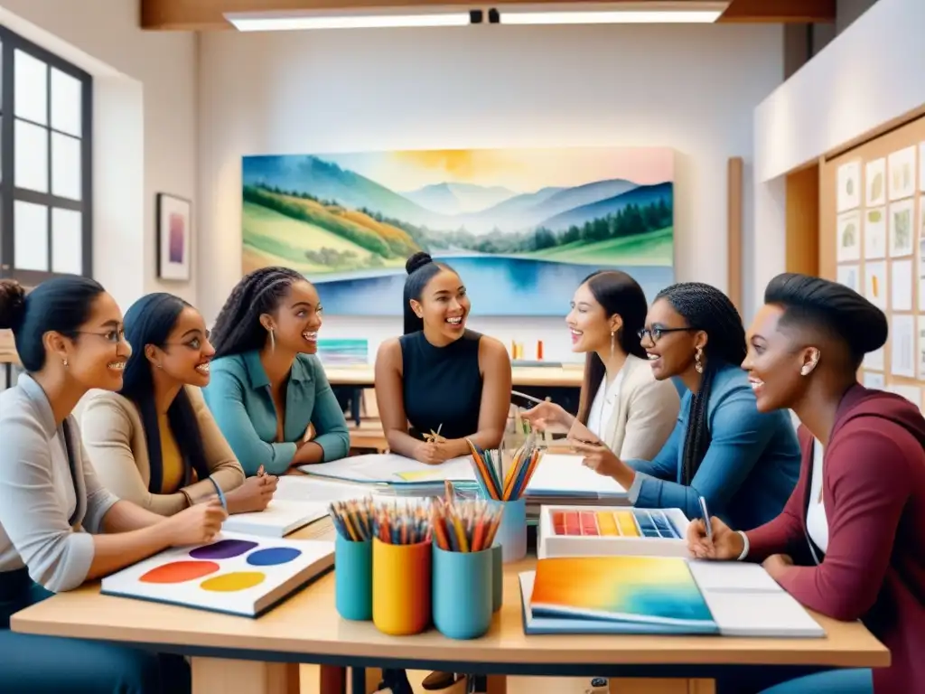 Estudiantes de arte diversas discuten historia del arte en aula inclusiva llena de color y creatividad