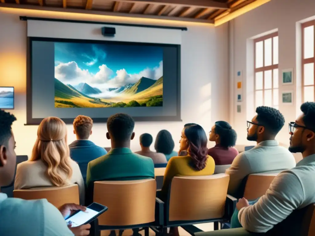 Estudiantes concentrados viendo cine en aula con pósters de arte visual, historia y técnicas culturales