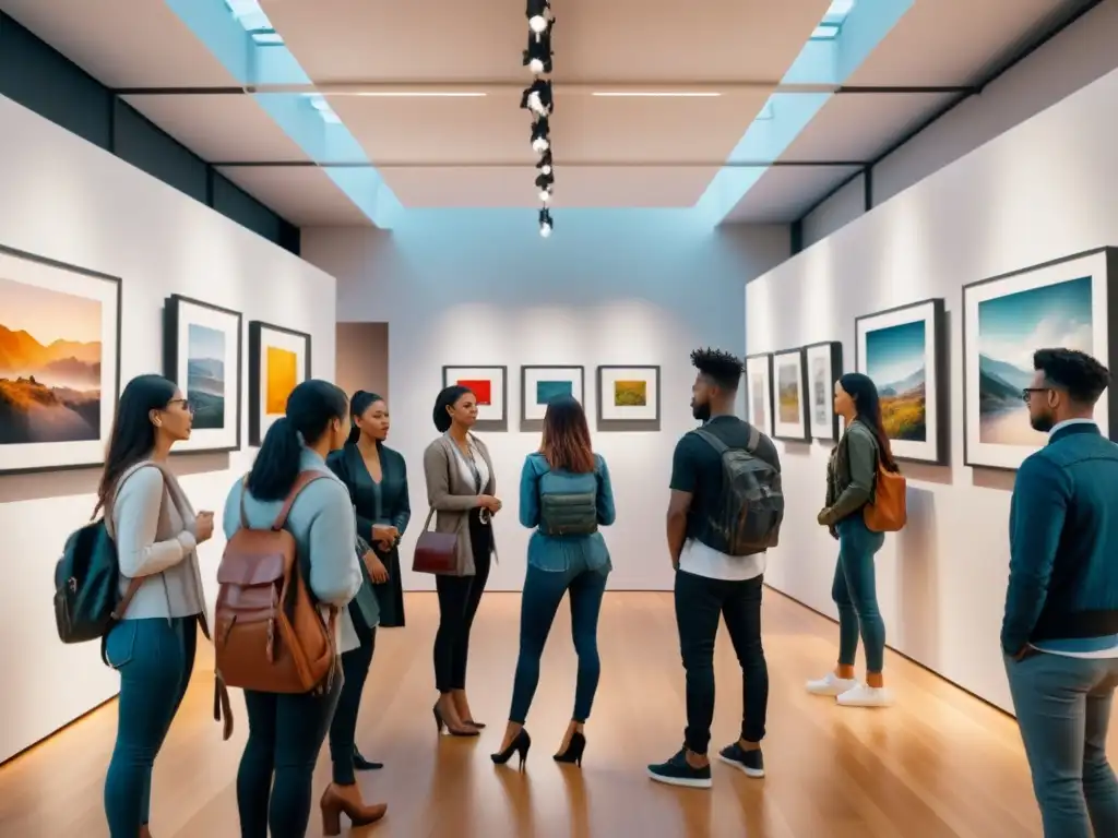 Estudiantes curando una exposición de arte, reflejando la importancia de la curaduría educativa