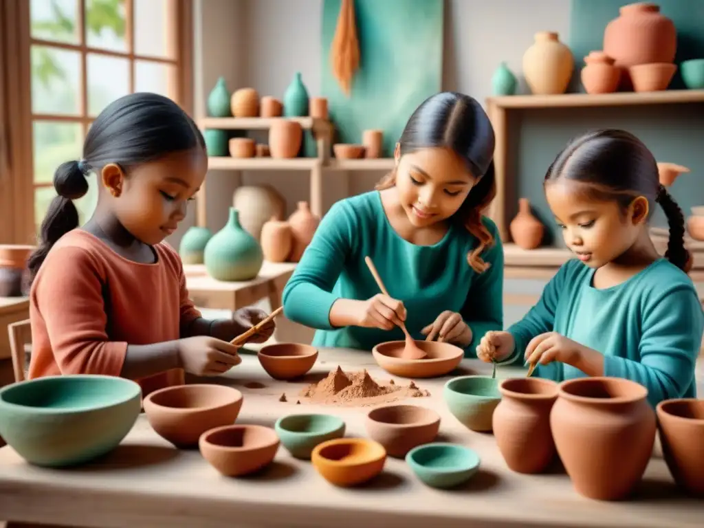 Un estudio de arte brillante y acogedor donde niños disfrutan creando esculturas de arcilla