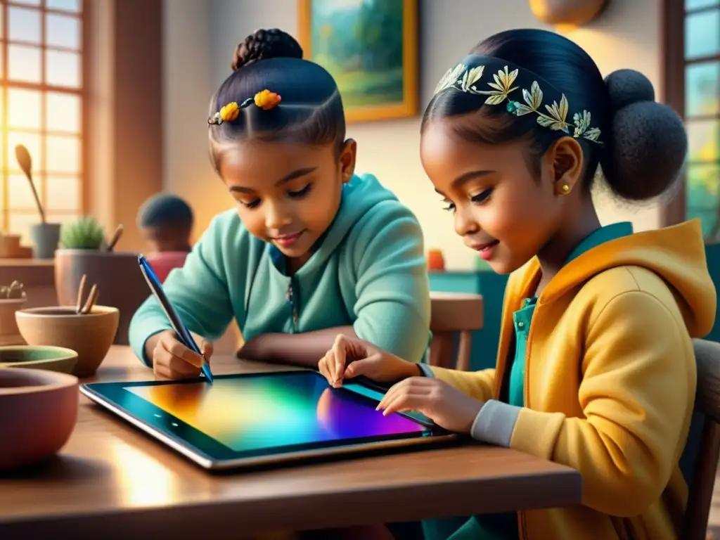 Un estudio de arte colorido donde niños crean arte digital en tabletas