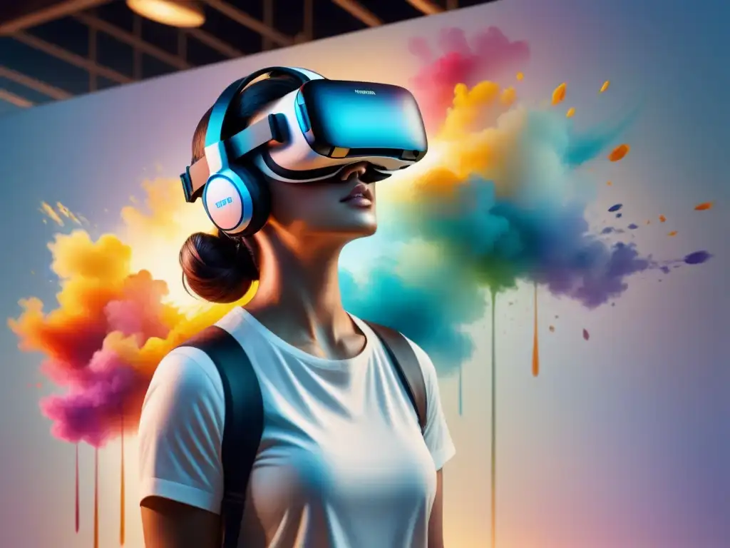 Un estudio de arte fusionado con la realidad virtual: un auricular suspendido brilla entre trazos digitales y herramientas artísticas