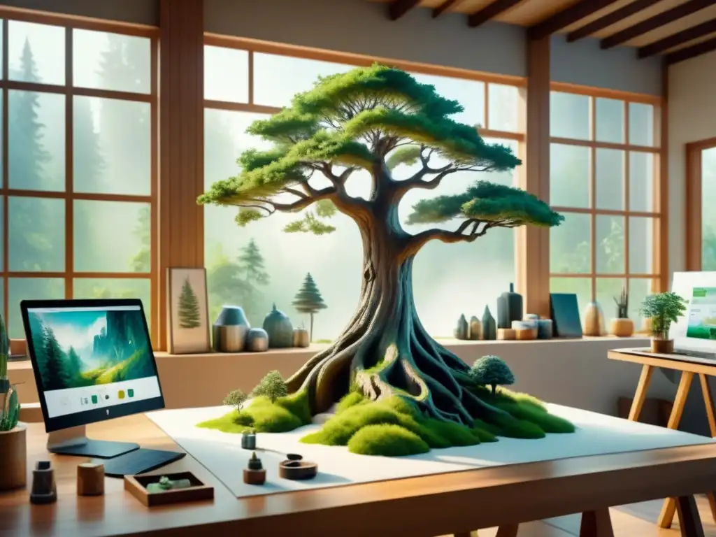 Un estudio de arte futurista con materiales ecoamigables y una escultura de un árbol simbolizando la sostenibilidad