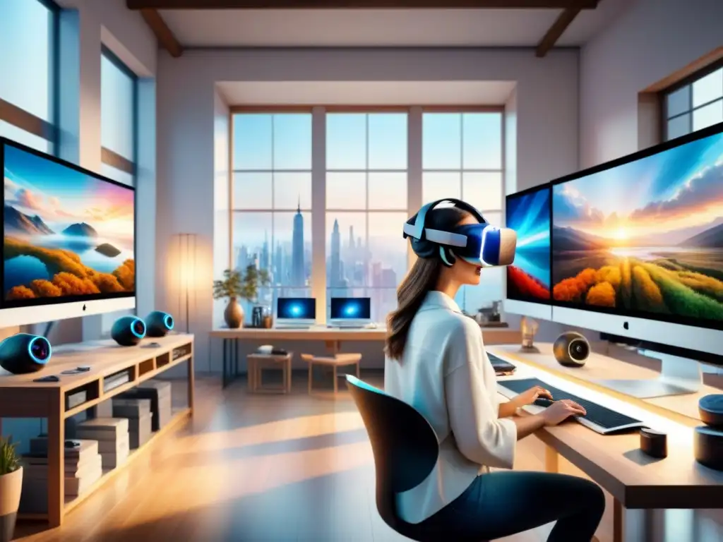 Un estudio de arte futurista con tecnología de realidad virtual, luz natural y elementos artísticos inspiradores