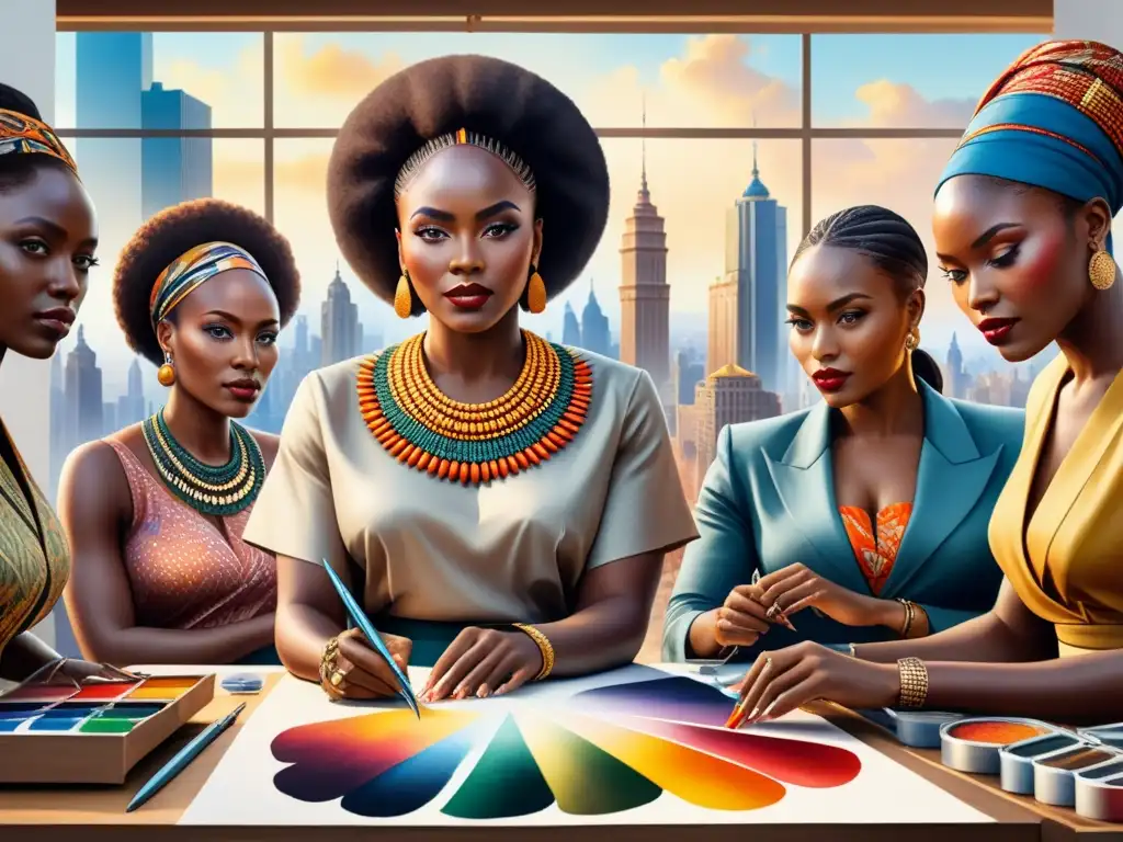 Un estudio de arte iluminado por el sol donde mujeres africanas crean juntas, reflejando liderazgo femenino en el arte africano contemporáneo