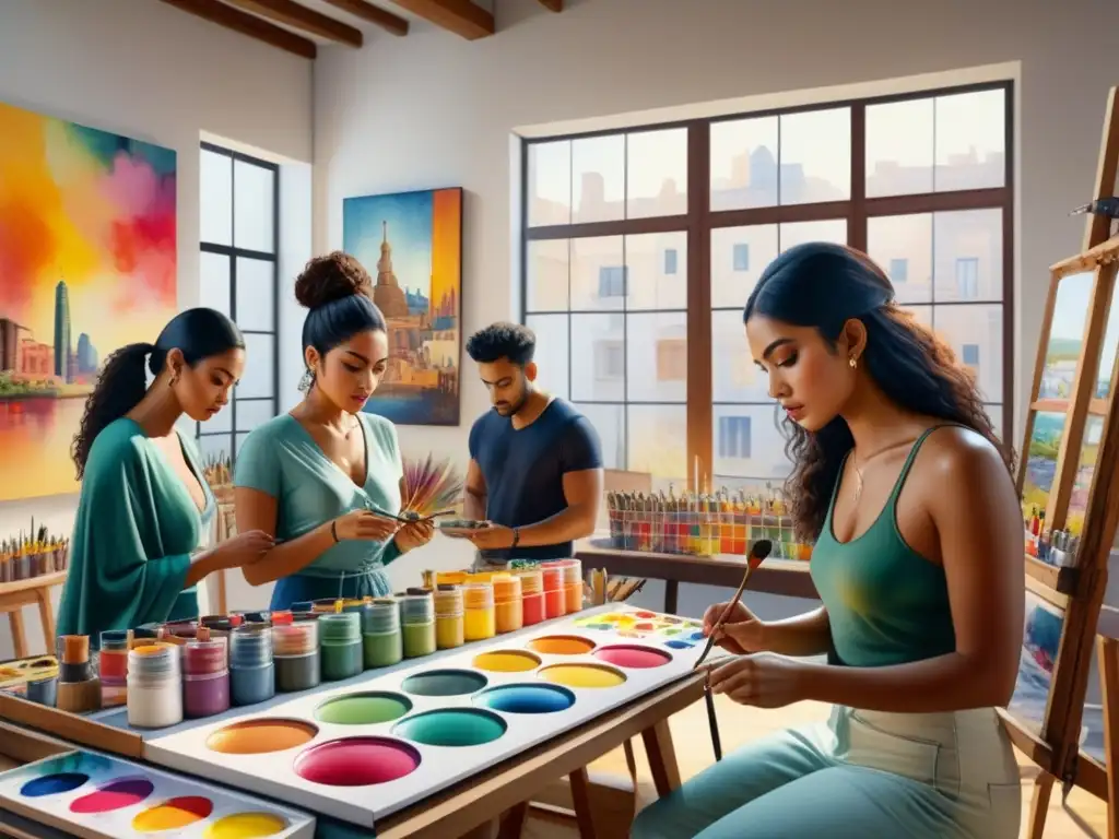 Un estudio de arte lleno de energía y creatividad, donde jóvenes artistas latinos crean arte contemporáneo