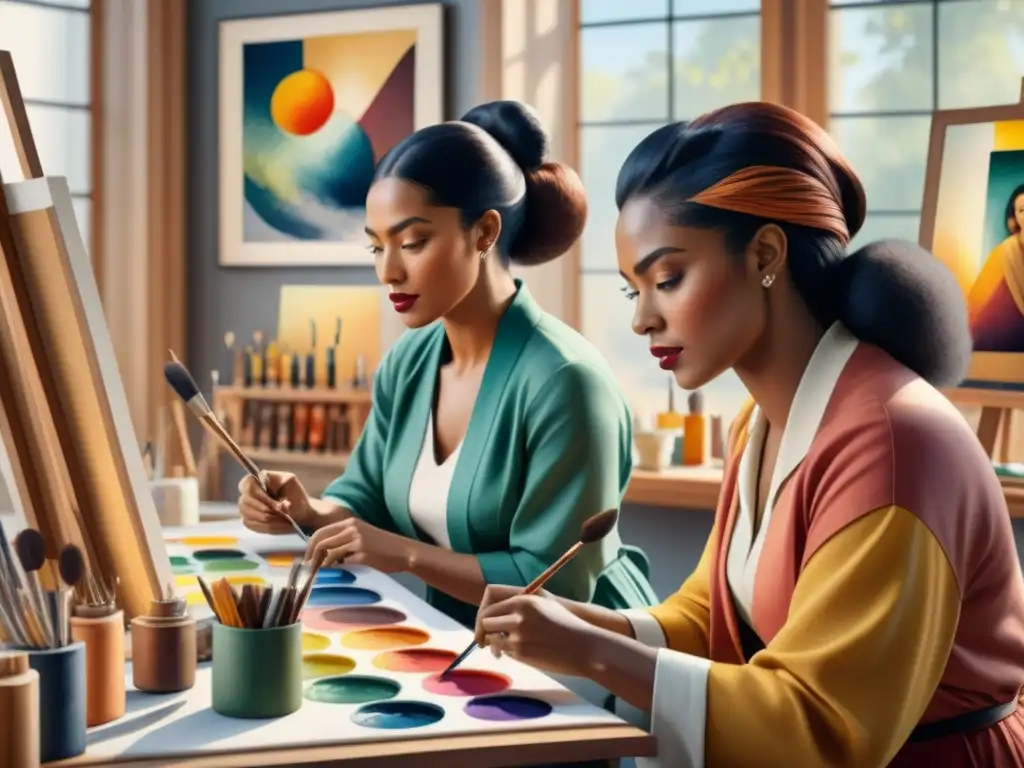 Un estudio de arte lleno de mujeres artistas apasionadas, representando la diversidad y talento de las artistas mujeres olvidadas del modernismo