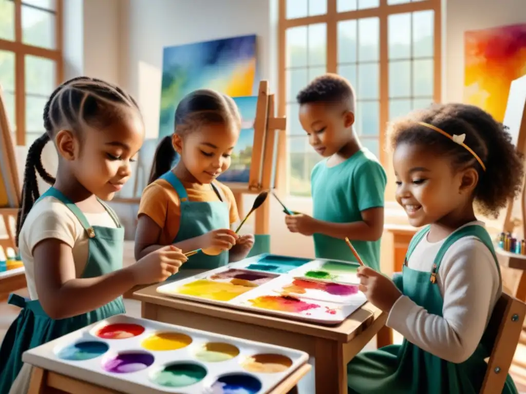 Un estudio de arte lleno de niños diversos pintando felices, rodeados de colores y creatividad, reflejando autoestima y alegría