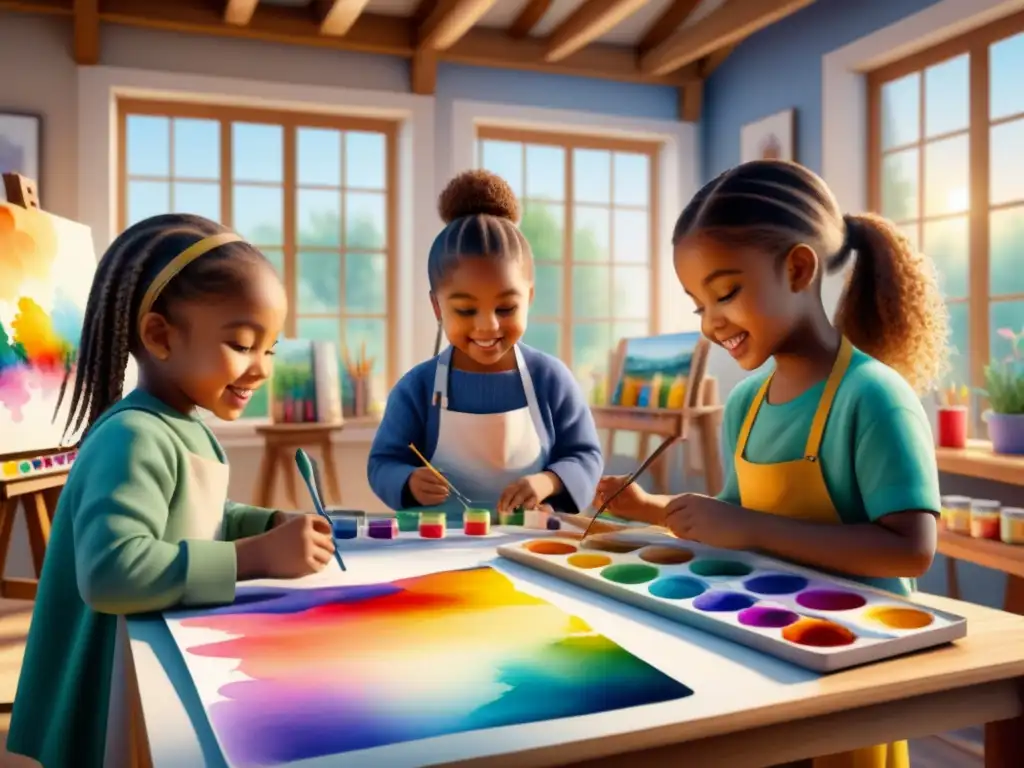 Un estudio de arte lleno de niños diversos pintando con alegría, rodeados de coloridas paletas, pinceles y suministros artísticos