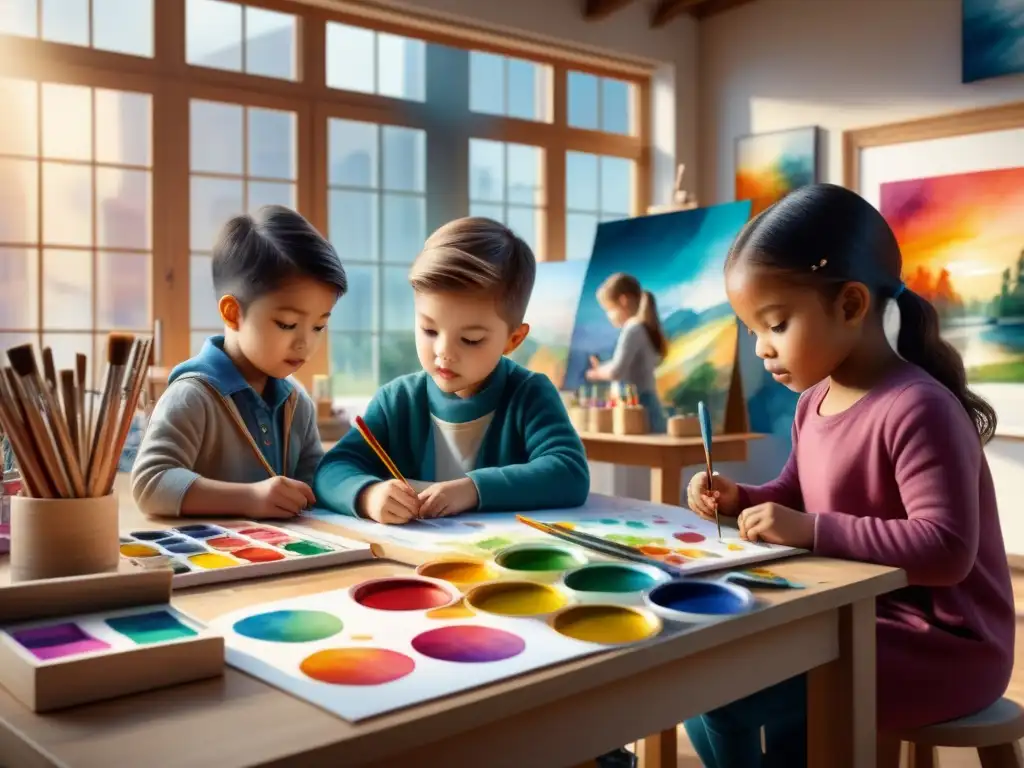 Un estudio de arte lleno de vida, niños creando con entusiasmo