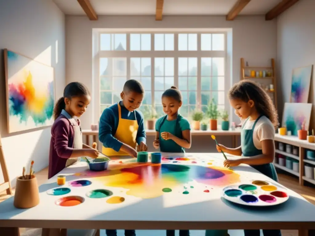 Un estudio de arte luminoso y colorido donde niños exploran el arte abstracto con alegría