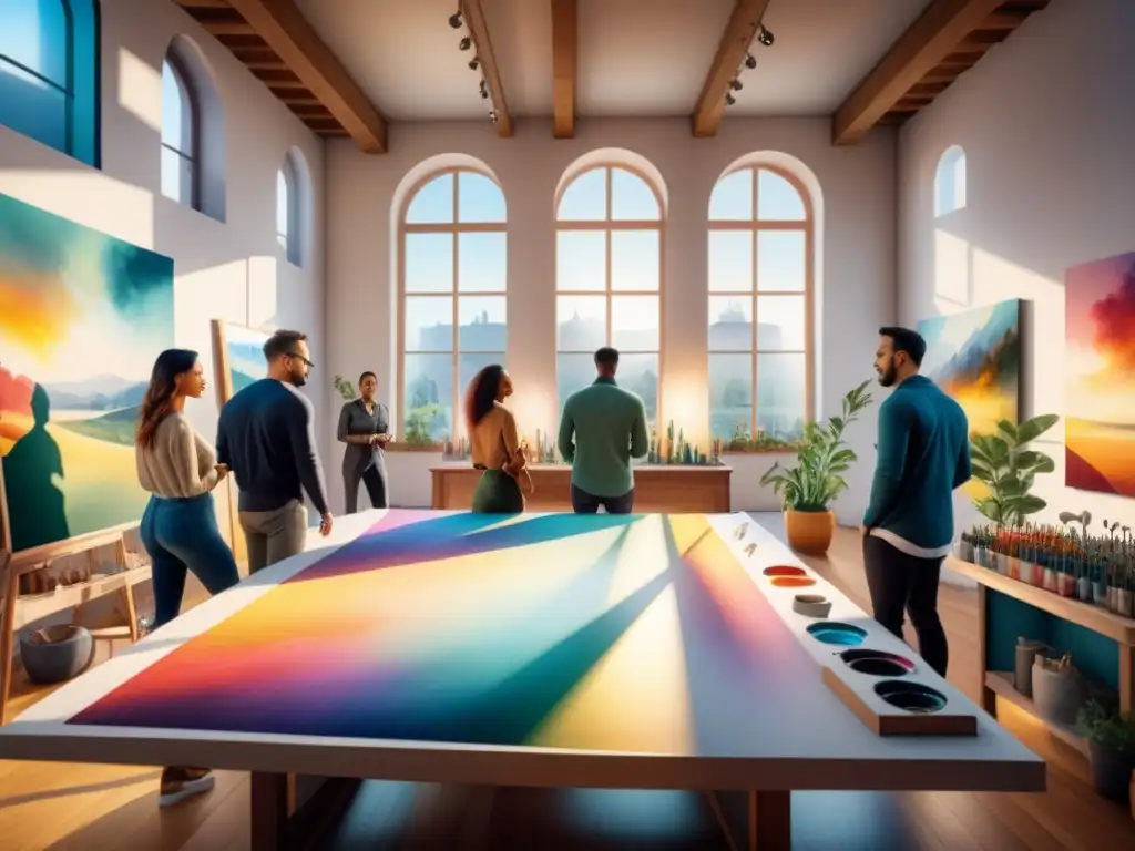 Un estudio de arte luminoso y colorido donde artistas colaboran en una instalación, reflejando el liderazgo en equipos creativos