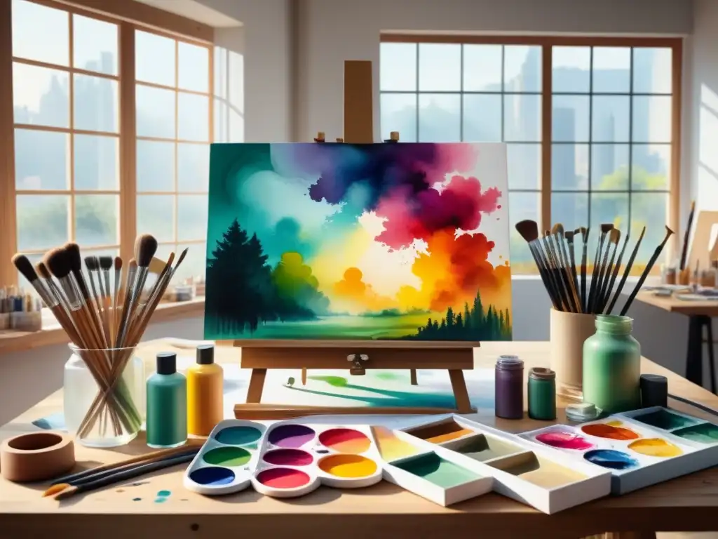 Estudio de arte moderno con elección materiales artistas contemporáneos, colores vibrantes y luz natural, creando ambiente creativo