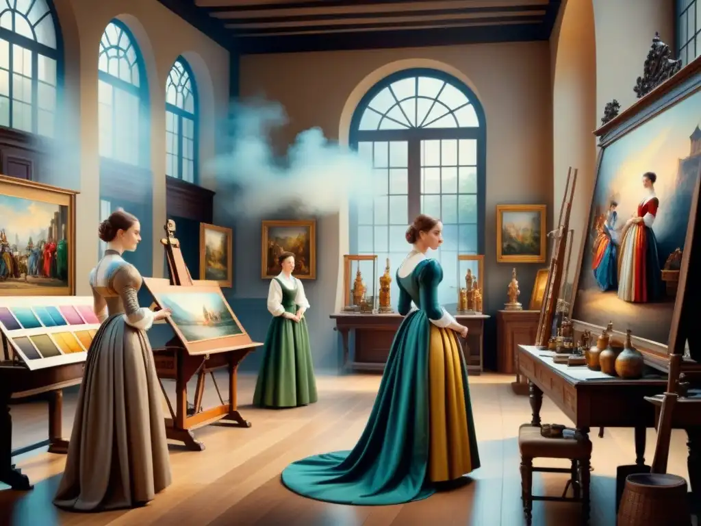 Un estudio de arte renacentista bullicioso con artistas trabajando en obras rodeados de paletas de colores, esculturas y bocetos arquitectónicos