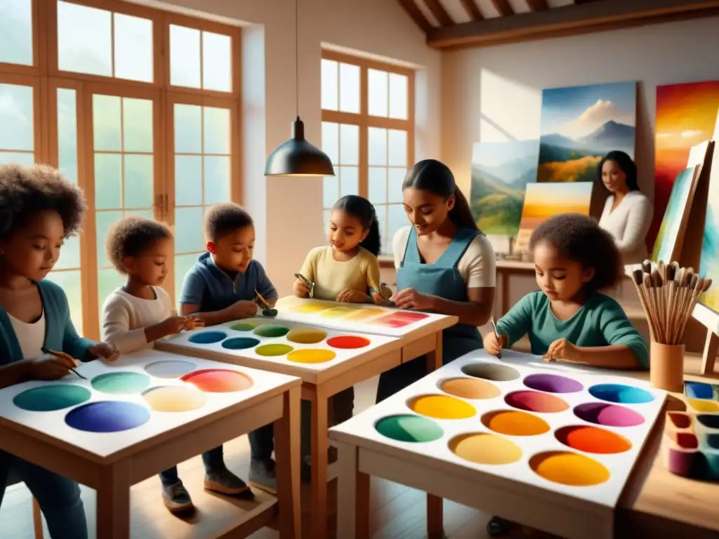 Un estudio de arte soleado lleno de niños de diversas edades y etnias, disfrutando y concentrados en su pintura