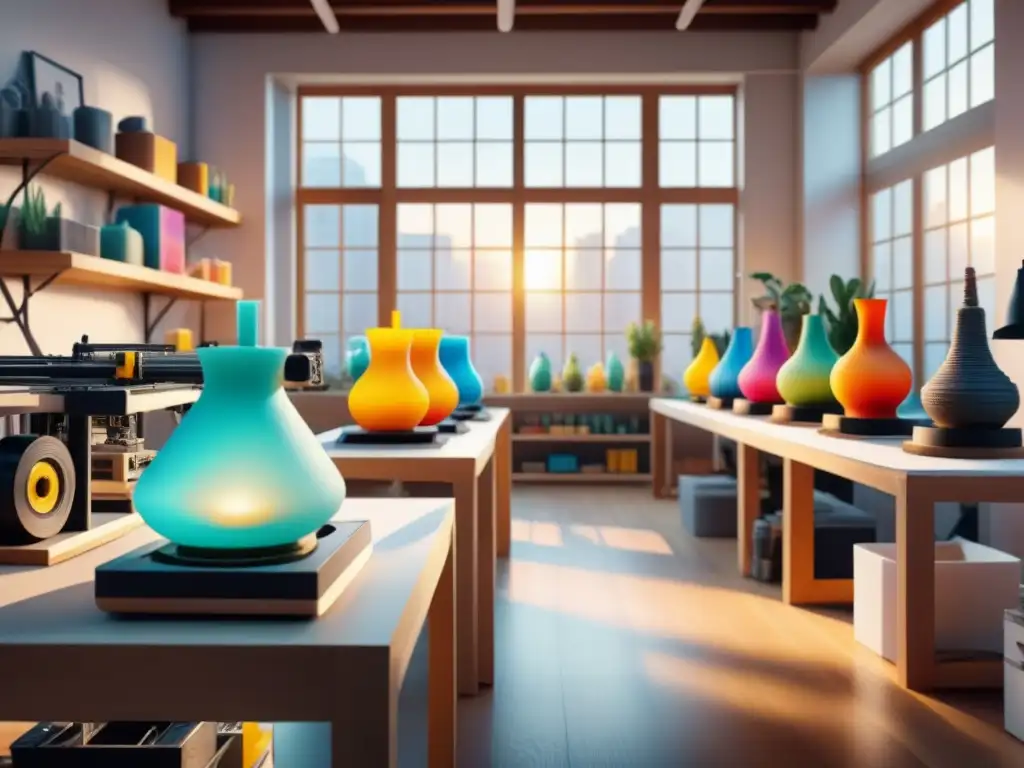 Estudio de arte vibrante con impresoras 3D creando esculturas detalladas Un estudio de arte vibrante con impresión 3D en arte visual, artistas creando esculturas mientras la luz solar ilumina el espacio