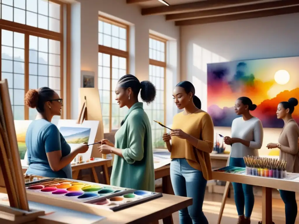 Un estudio de arte vibrante y diverso, donde artistas colaboran y crean juntos, capturando la esencia de la comunidad y la inspiración artística
