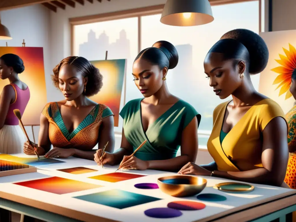 Un estudio de arte vibrante con mujeres artistas africanas creando juntas, reflejando liderazgo femenino en arte africano contemporáneo