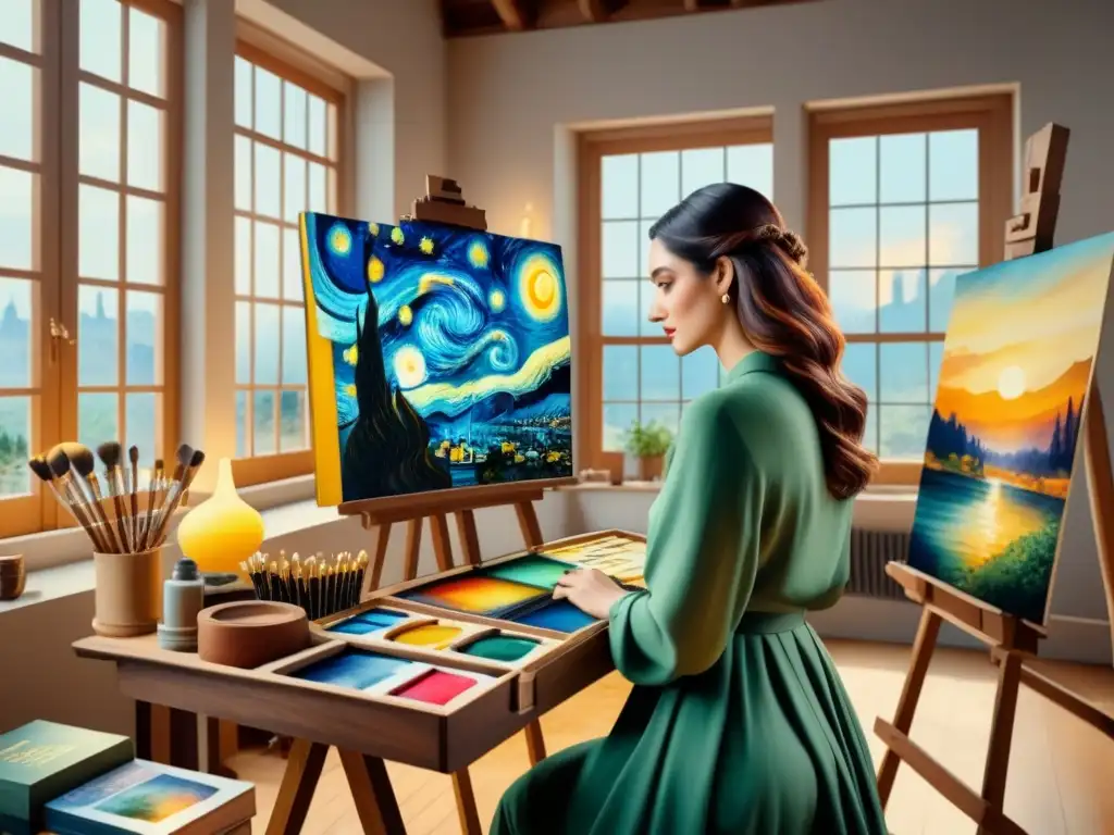 Un estudio de artista contemporáneo lleno de vibrantes lienzos inspirados en obras maestras como 'La noche estrellada' y 'La Mona Lisa'