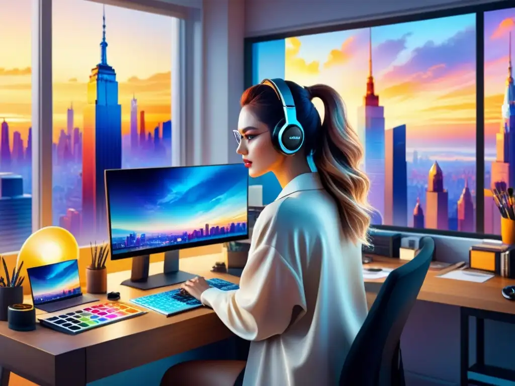 Un estudio de artista digital con vibrante arte en pantalla, pinceles y paletas de colores, ventana con vista a la ciudad