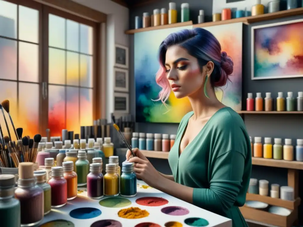 Estudio de artista con pigmentos tóxicos en arte visual: mezclas coloridas en lienzo