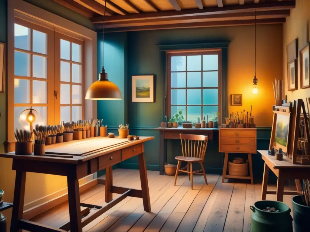 Estudio de artista Postimpresionista: luz y sombras en acuarela Un estudio de artista en Postimpresionismo iluminado por luz artificial, creando un ambiente creativo y contemplativo