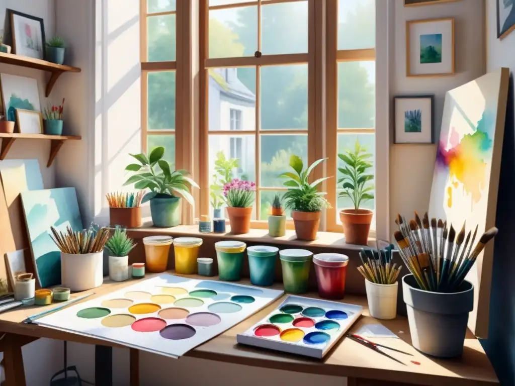 Un estudio de artista sereno con luz natural, pinceles, pinturas y un lienzo colorido