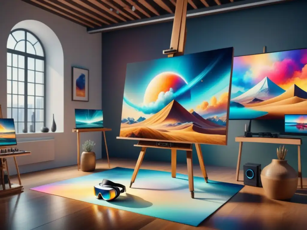 Un estudio de artista tradicional fusionado con realidad virtual, potencial creativo en arte