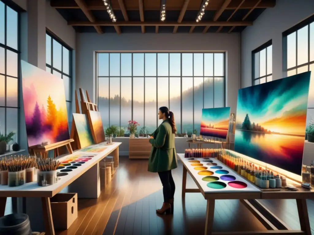 Un estudio artístico vibrante con artistas emergentes creando arte contemporáneo, ideal para coleccionar arte contemporáneo emergente