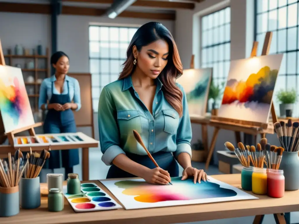 Un estudio brillante y lleno de color donde mujeres artistas crean arte contemporáneo poderoso y provocador