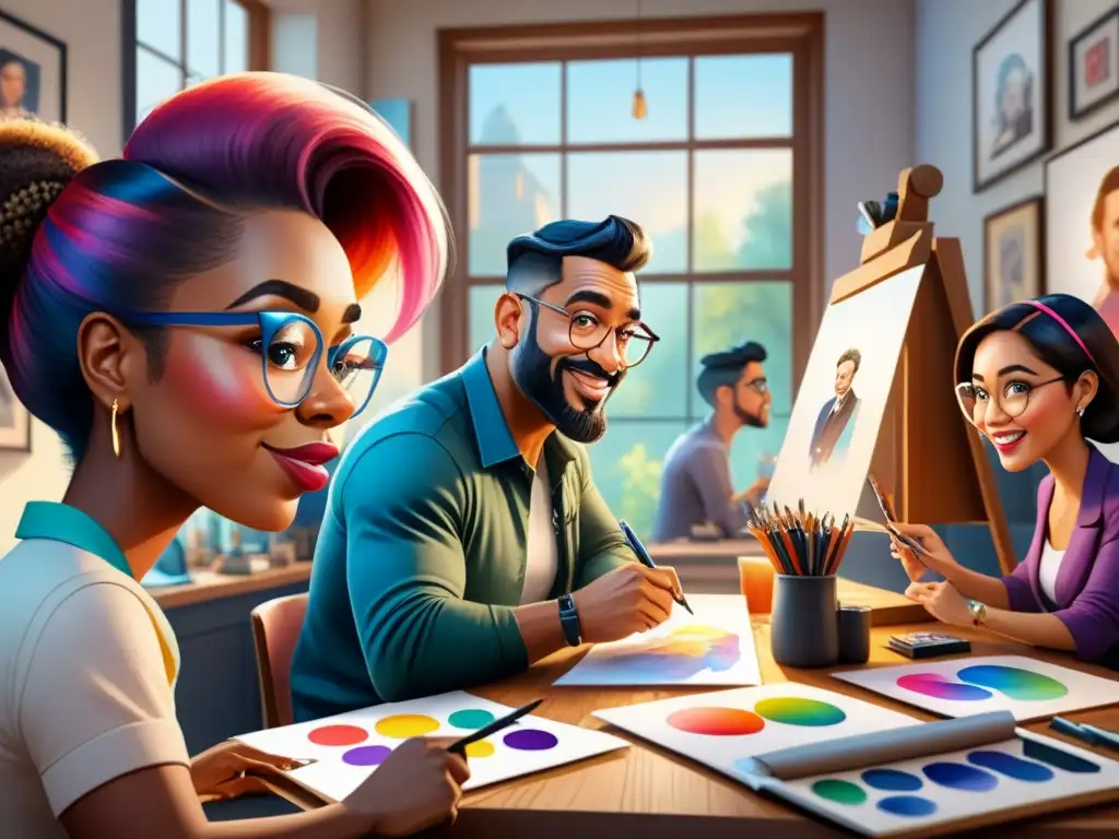 Un estudio de caricaturas vibrante con artistas de diferentes edades y fondos practicando técnicas de caricatura con estilo