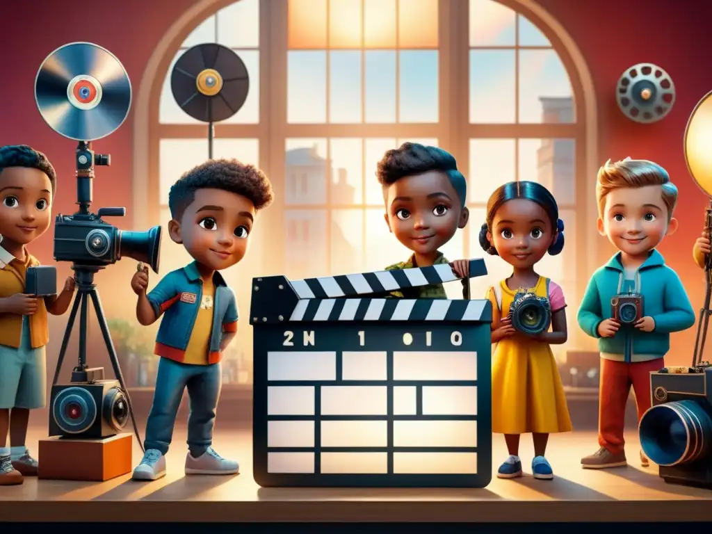 Un estudio de cine vibrante con niños de diversas etnias y fondos sosteniendo accesorios de filmación