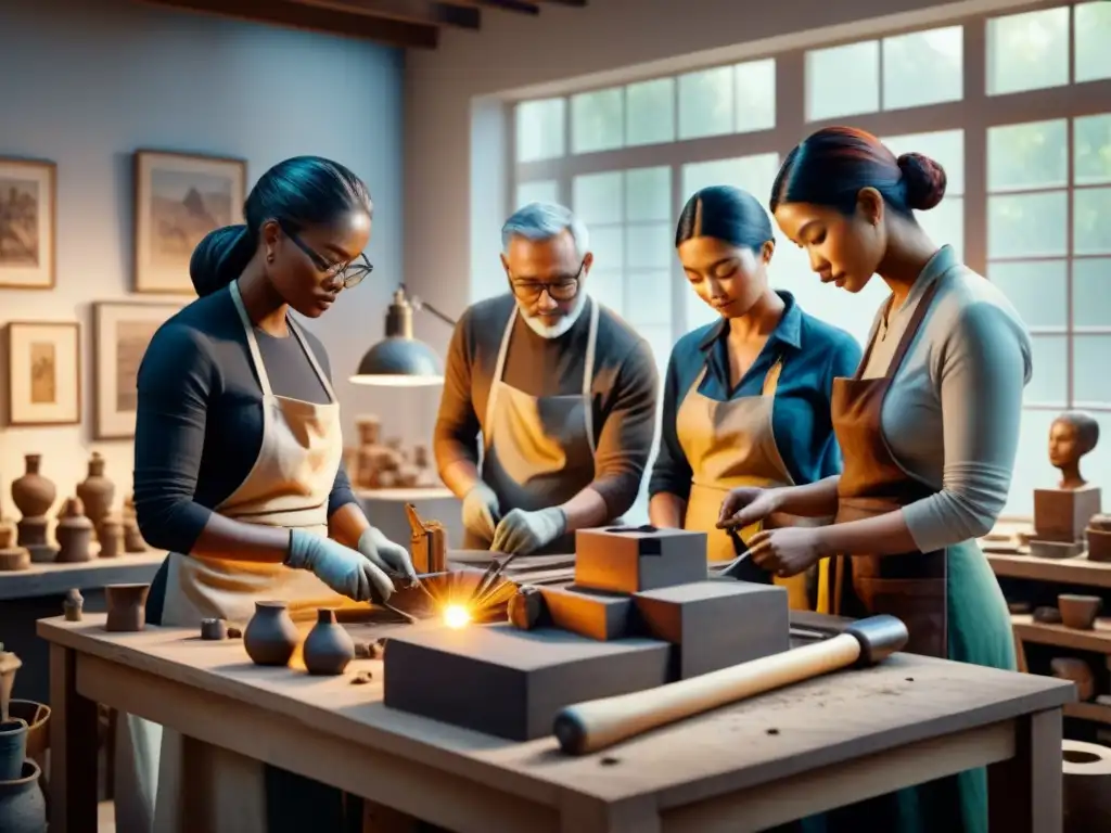 Un estudio de escultura vibrante con escultores diversos concentrados en sus obras, mostrando determinación y contemplación