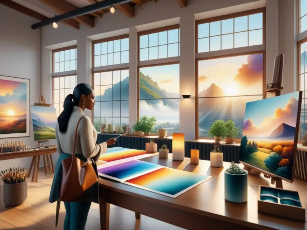 Un estudio luminoso con artistas inmersos en su arte, reflejando la diversidad y creatividad en el mundo del arte contemporáneo