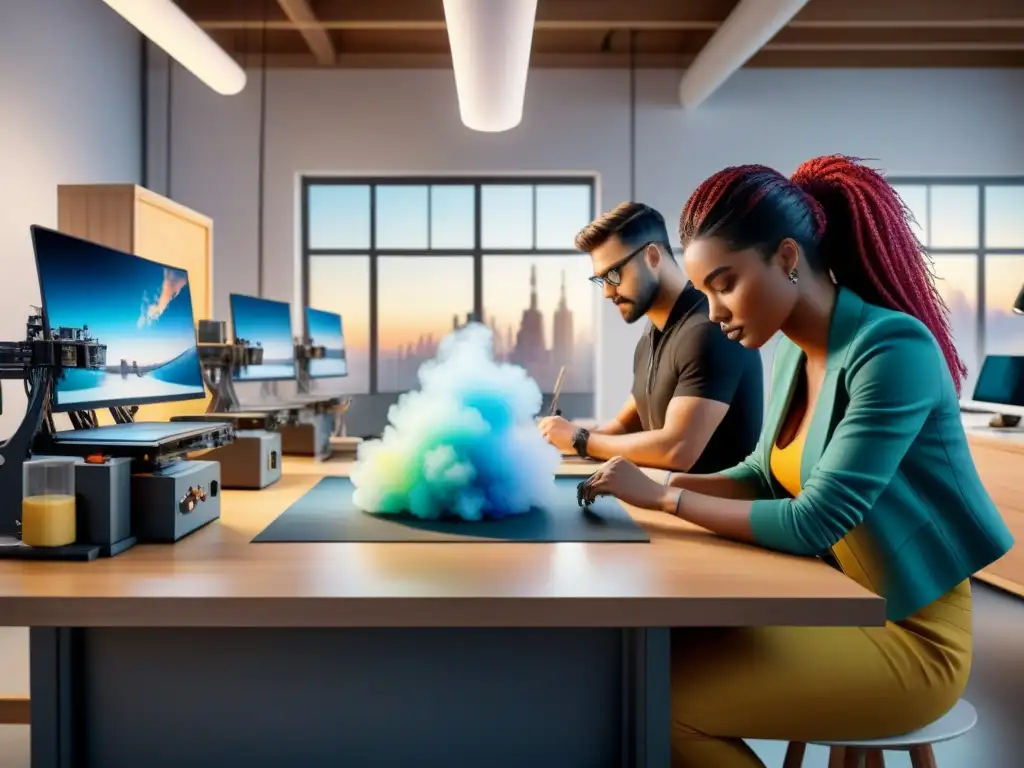 Estudio de artistas visuales: colaboración e innovación en 3D Un estudio moderno donde artistas visuales colaboran usando técnicas de impresión 3D para crear esculturas innovadoras
