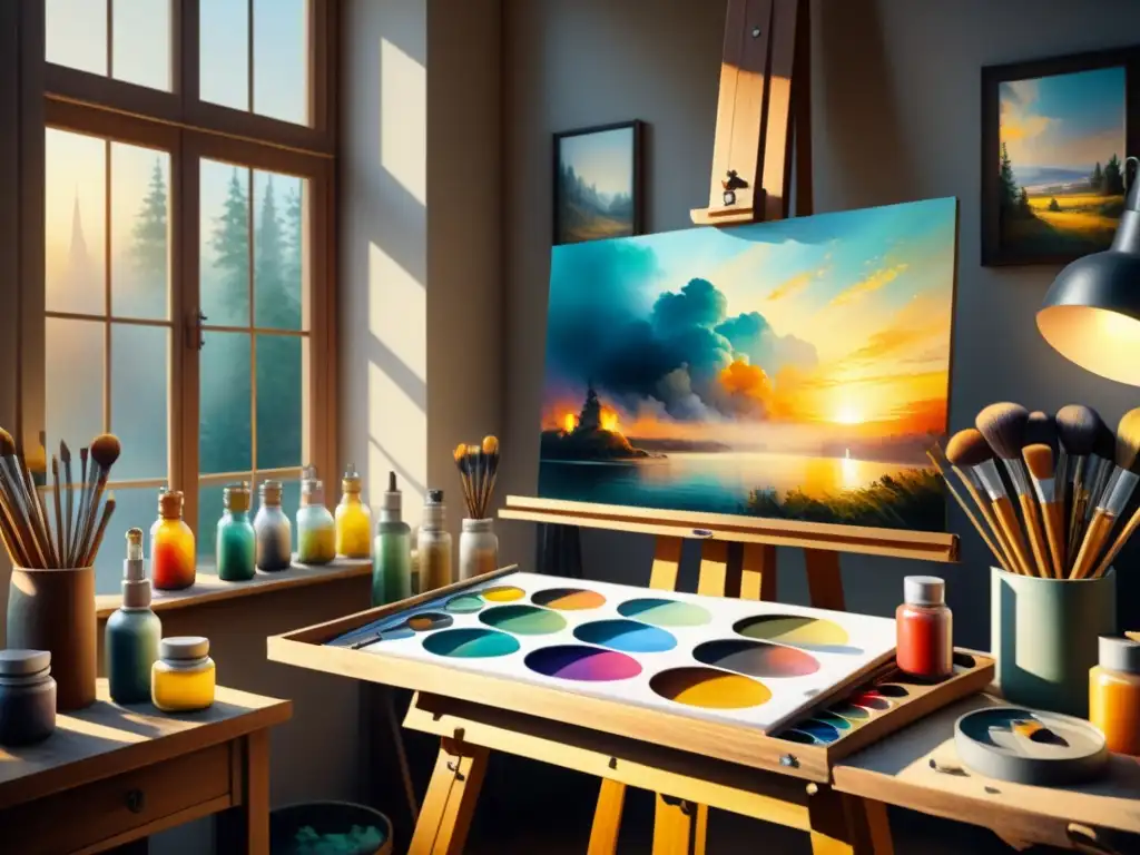 Un estudio de pintura rebosante de color, con pinceles, paleta y lienzo