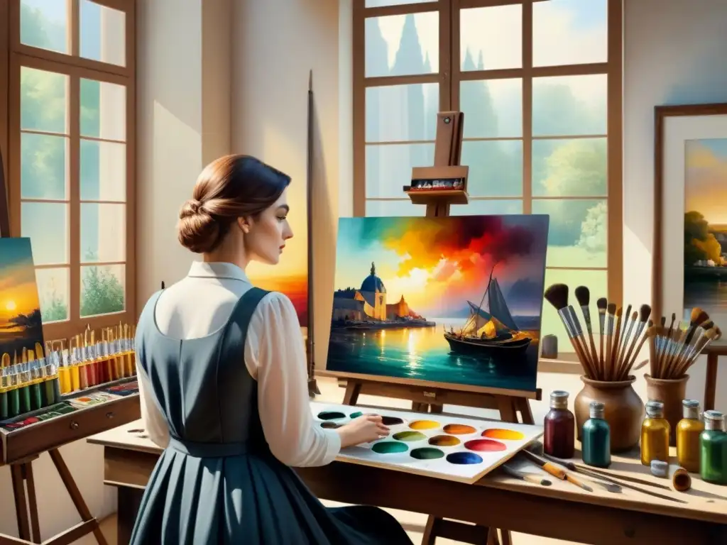 Un estudio de pintura al óleo con vibrantes colores y técnicas de pintura al óleo, iluminado por una cálida luz natural