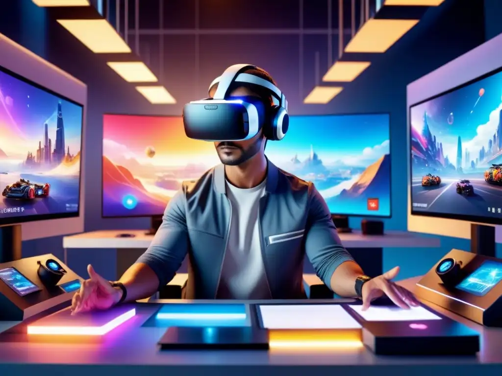 Estudio de animación en realidad virtual: Creatividad sin límites Estudio de animación en Realidad Virtual, creatividad e innovación en un ambiente futurista con herramientas avanzadas y personajes animados
