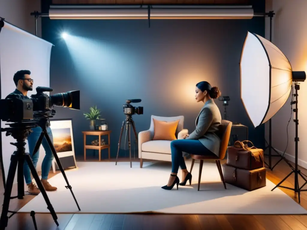 Un estudio de fotografía de retratos detalladamente pintado en acuarela, lleno de luces, cámaras y fondos