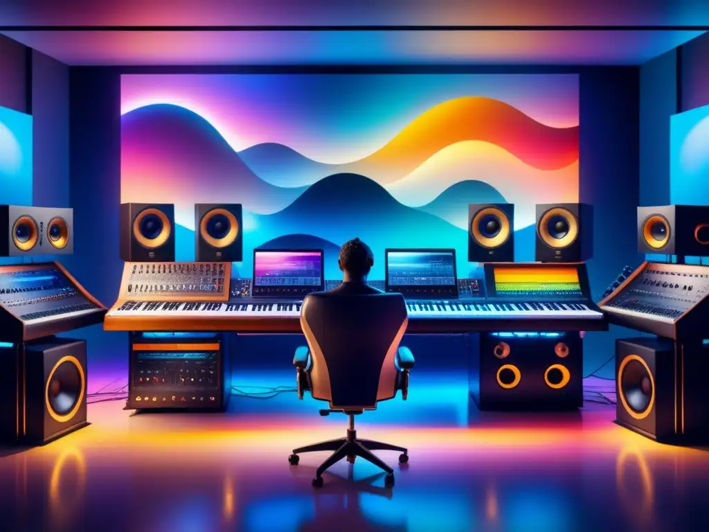 Estudio de sonido futurista con tecnología para creación arte sonoro personalizado