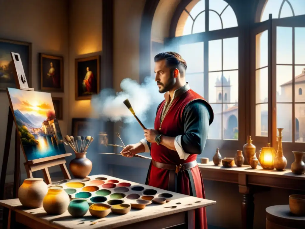 En el estudio de Tiziano Vecellio, el pintor se concentra en mezclar colores bajo la cálida luz del sol