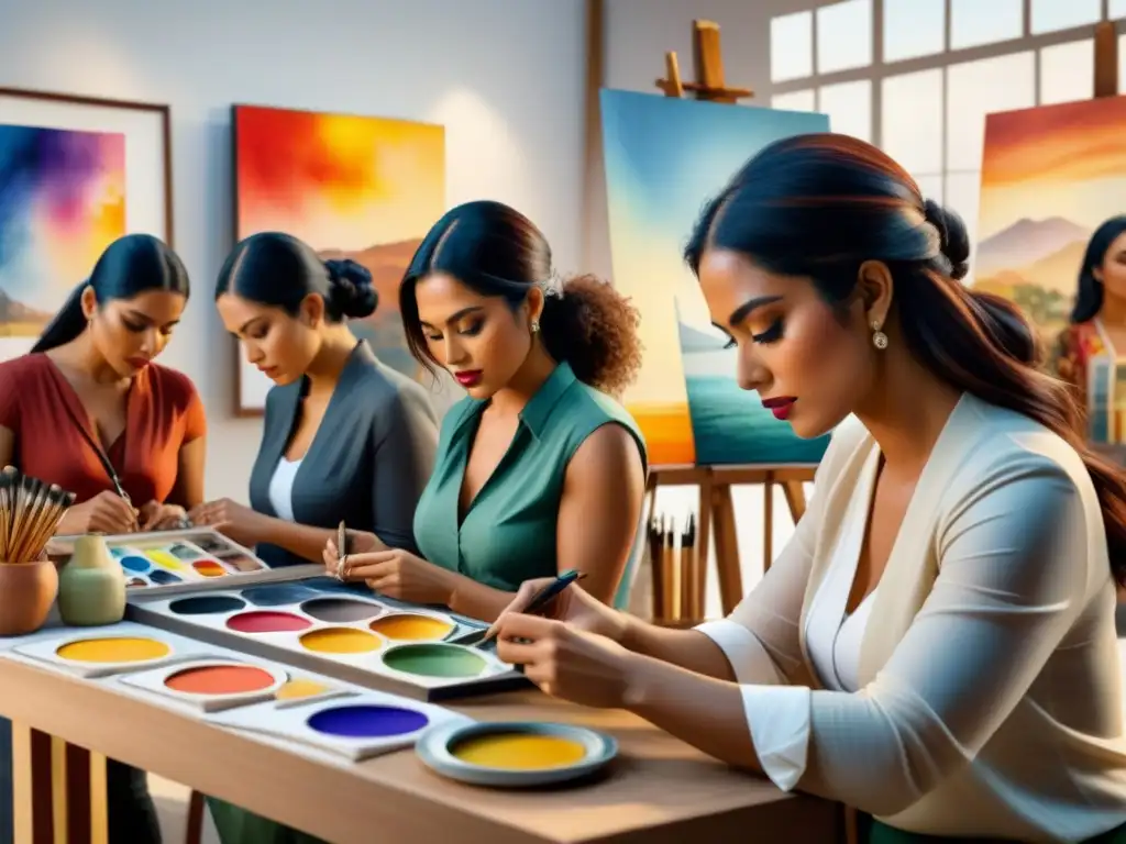 Un estudio vibrante con mujeres artistas latinoamericanas creando arte contemporáneo rodeadas de colores y creatividad