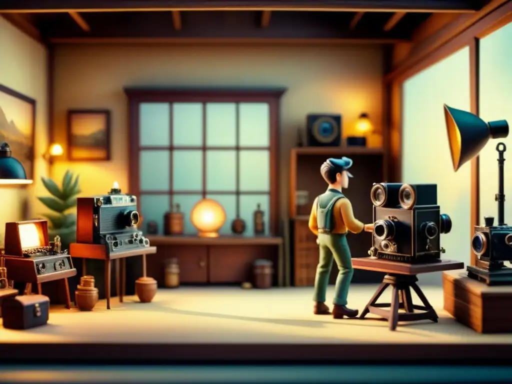 Un estudio de animación stop motion vintage detallado en acuarela, con cámaras antiguas y personajes en miniatura