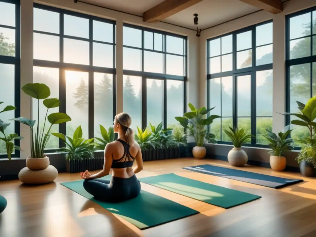 Un estudio de yoga sereno con plantas verdes y personas practicando yoga en arte contemporáneo