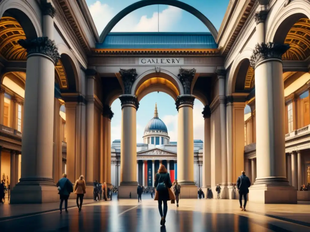 Maestría europea en la National Gallery de Londres: detallado acuarela de la fachada con gente y cielo nublado