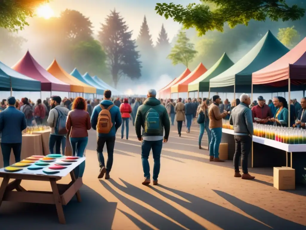 Un evento comunitario vibrante con arte efímero impacto comunidad en un parque al atardecer