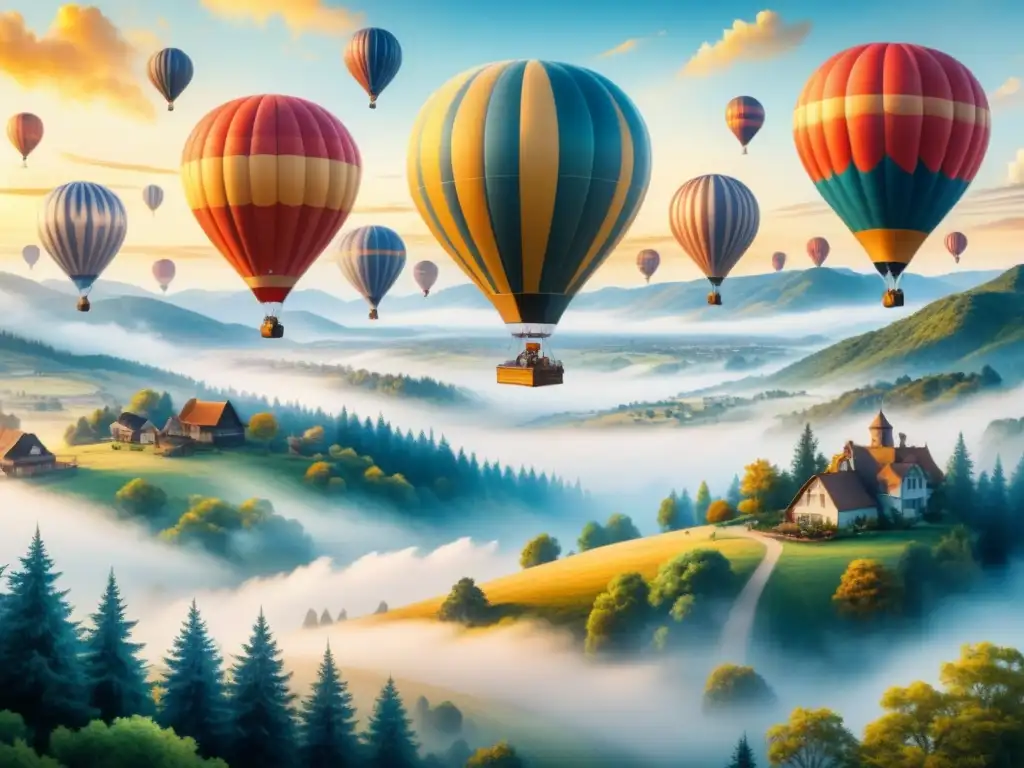 Evocadora ilustración acuarela de la evolución de la fotografía aérea, desde globos hasta drones