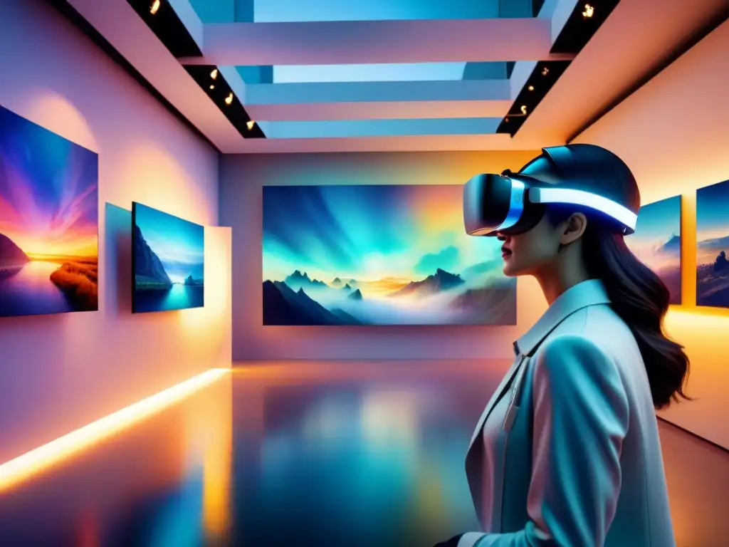 Una exhibición de arte digital en la era digital: una galería virtual llena de obras vibrantes y energéticas, iluminada por una luz etérea